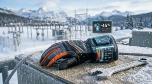 An icon-based illustration showing the extreme cold weather rating for waterproof insulated ice gloves, tested for harsh Canadian winters.