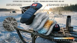 Technical cross-section illustration showing the multi-layered thermal insulation of mittens designed for -30°C Canadian winters.