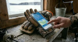 Using a smartphone with touch-compatible ice fishing gloves in cold weather.