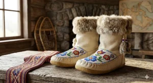 Illustration of authentic Canadian mukluks featuring rabbit fur, beadwork, and flexible soles, highlighting their heritage as warm winter footwear for the North.