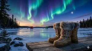 Illustration of Canadian-made winter mukluks for ice fishing featuring traditional Indigenous-inspired patterns and fur trim.