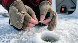 Precision finger access with flip top ice fishing gloves while tying a fishing knot in winter.