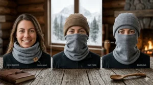 A close-up of a smiling hiker wearing a merino wool neck warmer and a beanie, standing on a trail overlooking a turquoise lake in the mountains.