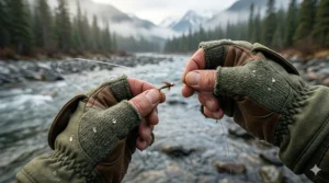 Highly detailed close-up illustration of bilingual Canadian product tags for convertible fishing mittens featuring 'CONVERTIBLE FISHING MITTENS' in English and 'MITAINES DE PÊCHE CONVERTIBLES' in French.