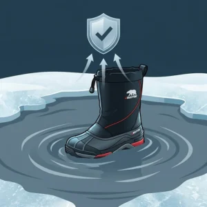 Graphic illustration of a Baffin boot standing in deep, wet ice slush, highlighting the waterproof base protecting the angler's foot.