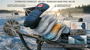 Illustration of a hand in a waterproof ice fishing mitten submerged in slushy water to retrieve a fish from an ice hole.