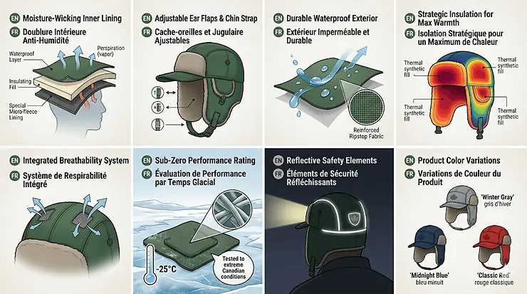Bilingual EN/FR alt text: Moisture-wicking lining inside an insulated ice fishing hat. / Doublure anti-humidité d'un chapeau isolant pour la pêche sur glace.