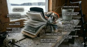 Insulated ice fishing gloves sitting next to a hand-cranked ice auger.
