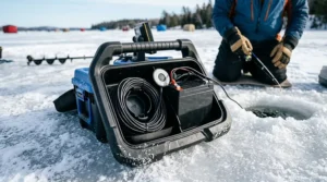 Portable budget ice fishing sonar setup with battery and transducer.