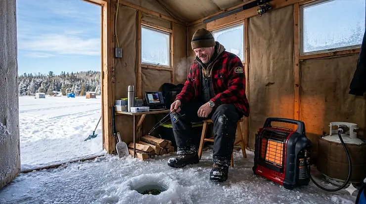 A portable propane heater for ice fishing set up inside a cozy ice hut on a frozen Canadian lake.