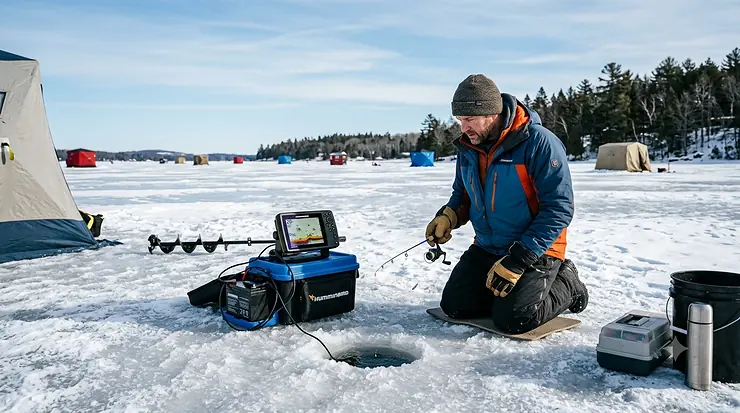 Angler using an underwater ice fishing camera on a frozen Canadian lake. ice camera vs fish finder