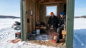 Compact electric heater heating an ice fishing hut. / Chaufferette électrique compacte chauffant une cabane de pêche.