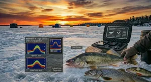 A photorealistic 4K view of an open, impact-resistant carrying case designed for the portability of a fish finder in Canadian winters.