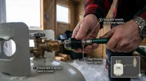 Step-by-step illustration of connecting a portable propane tank to a heater for cold-weather fishing.