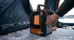 Cool-touch casing on a safe heater for an ice fishing tent.