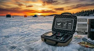 A photorealistic 4K graphic demonstrating dual-channel sonar mapping, showing depth gradients and fish targets on a portable fish finder.