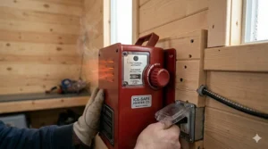 Electric heater providing efficient warmth in a Canadian ice hut. / Chauffage efficace par chaufferette dans une cabane canadienne.