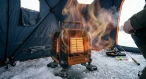 Efficient thermal heat output of a safe heater for ice fishing tent.