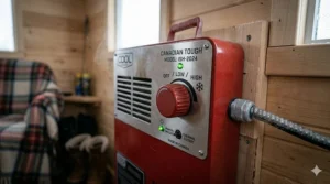 Detailed view of temperature controls on ice shack heater. / Commandes de température sur une chaufferette pour cabane.