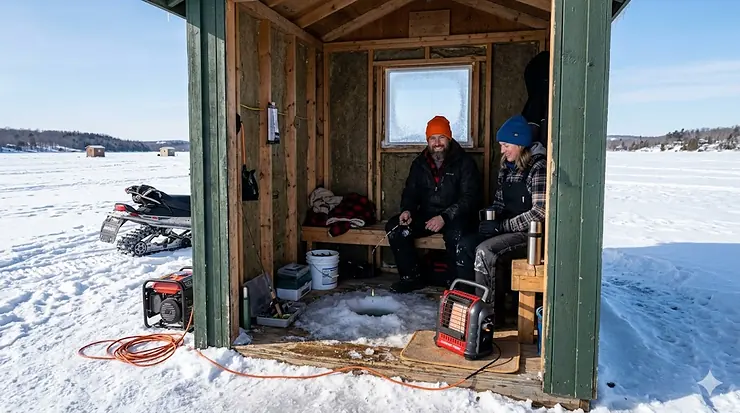 Portable electric heater for ice shack on frozen lake. / Chaufferette électrique pour cabane de pêche sur glace.