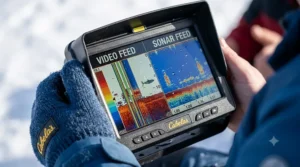 Close-up of a fish finder sonar display showing depth and bottom structure under ice.