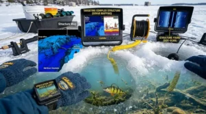 Digital fish finder screen mapping rocky bottom structure for better ice fishing.