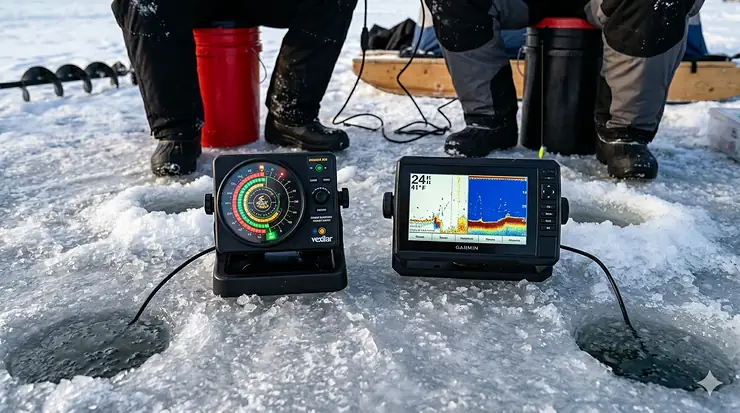 Side-by-side comparison of a circular sonar flasher and a modern LCD fish finder on a Canadian frozen lake. flasher vs LCD fish finder ice fishing