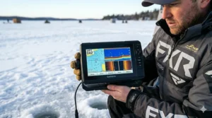 Comparison of real-time sonar (RTS) window on LCD screens versus traditional flashers.