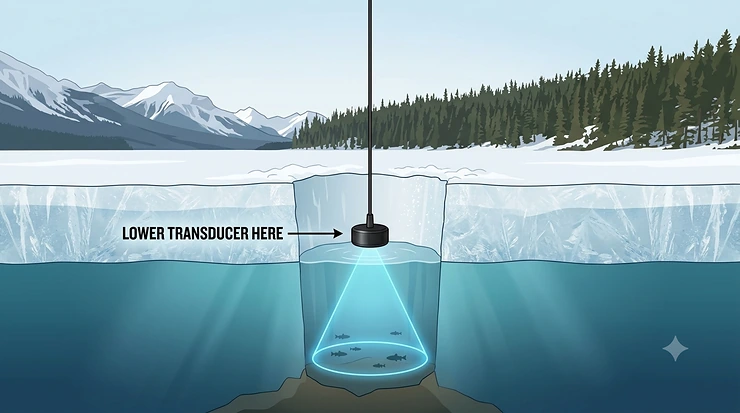 Angler using a GPS fish finder for ice fishing on a frozen Canadian lake. GPS fish finder ice fishing
