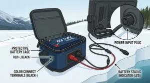 Close-up illustration of a digital sonar screen displaying fish arcs and bottom structure.