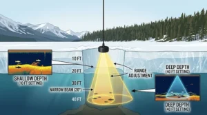 A digital map display showing waypoints marked on a frozen lake.