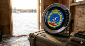 Diagram explaining how to interpret depth readings on an ice fishing flasher.