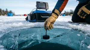 Detailed illustration showing ice fishing camera deployment through hole.