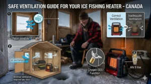 Diagram showing safe ventilation steps for using a propane heater while ice fishing in Canada.