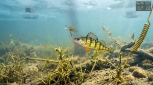 Underwater fishing camera capturing clear video of pike in a shallow lake.
