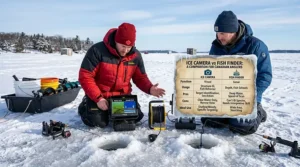 Comparison chart showing features of ice cameras versus fish finders for anglers.