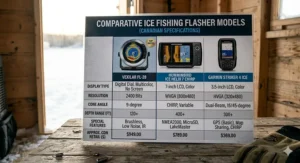 Illustration showing a long-lasting battery for an ice fishing flasher.