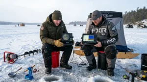 Traditional circular ice fishing flasher showing real-time sonar returns in red.