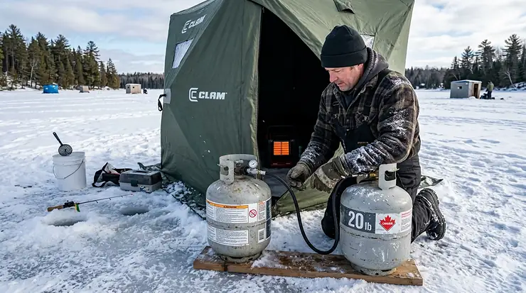 Angler using an ice fishing flasher on a frozen Canadian lake.