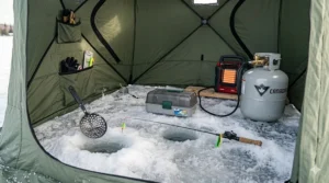 20 lb propane tank wrapped in an insulated heating blanket for ice fishing.