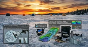 A photorealistic 4K close-up of a portable fish finder screen on a frozen lake, displaying sonar readings with a caught fish in the foreground.