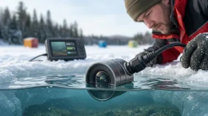 Infrared underwater ice fishing camera showing clear view in dark water.
