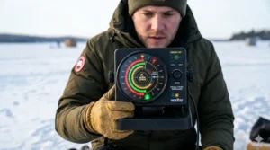 Modern LCD fish finder with graph-style sonar history for Canadian ice angling.