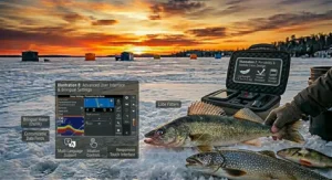 A photorealistic 4K image showing target species separation, such as walleye and lake trout, displayed on a portable fish finder interface.