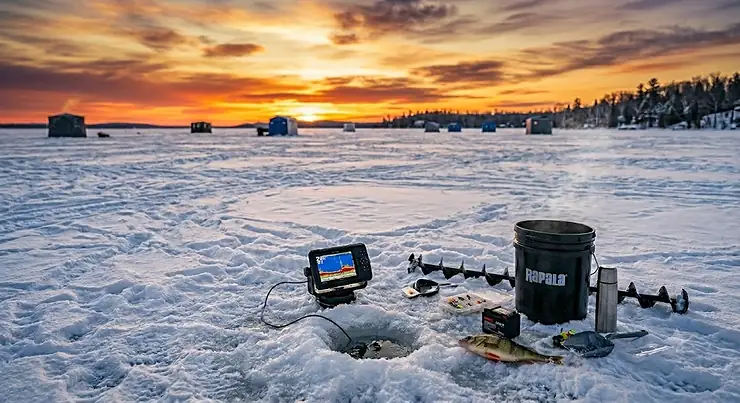 A photorealistic, high-detail 4K image of a Canadian angler using a portable fish finder on a frozen lake at sunrise, showing the sonar screen displaying fish depth. portable fish finder ice fishing