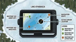 Illustration demonstrating the connection between a small, rechargeable battery and a fish finder.