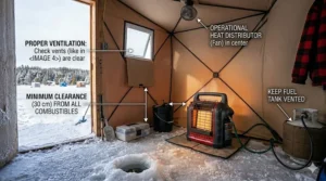 Recommended placement of a propane heater inside a pop-up ice fishing shelter for maximum warmth.