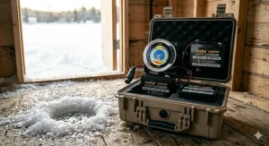 A portable carrying case for an ice fishing flasher unit.