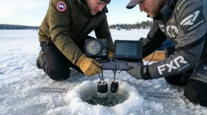 Compact portable fish finder unit set up on a bucket at a Canadian ice fishing hole.