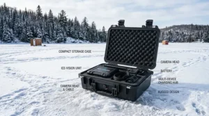 Compact, weather-resistant case for storing a wireless ice fishing camera.